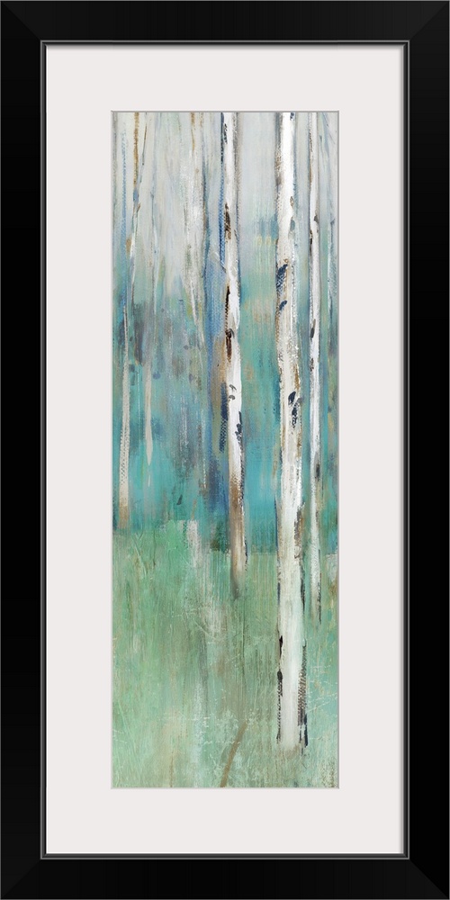 Abstract painting of a forest in muted blues and greens.