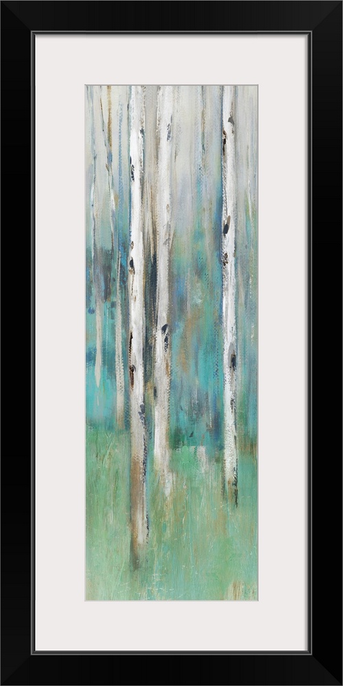 Abstract painting of a forest in muted blues and greens.