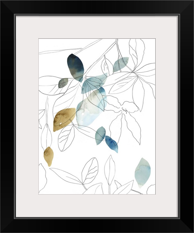Vertical contemporary painting of outlines of leaves and earth tone colors.