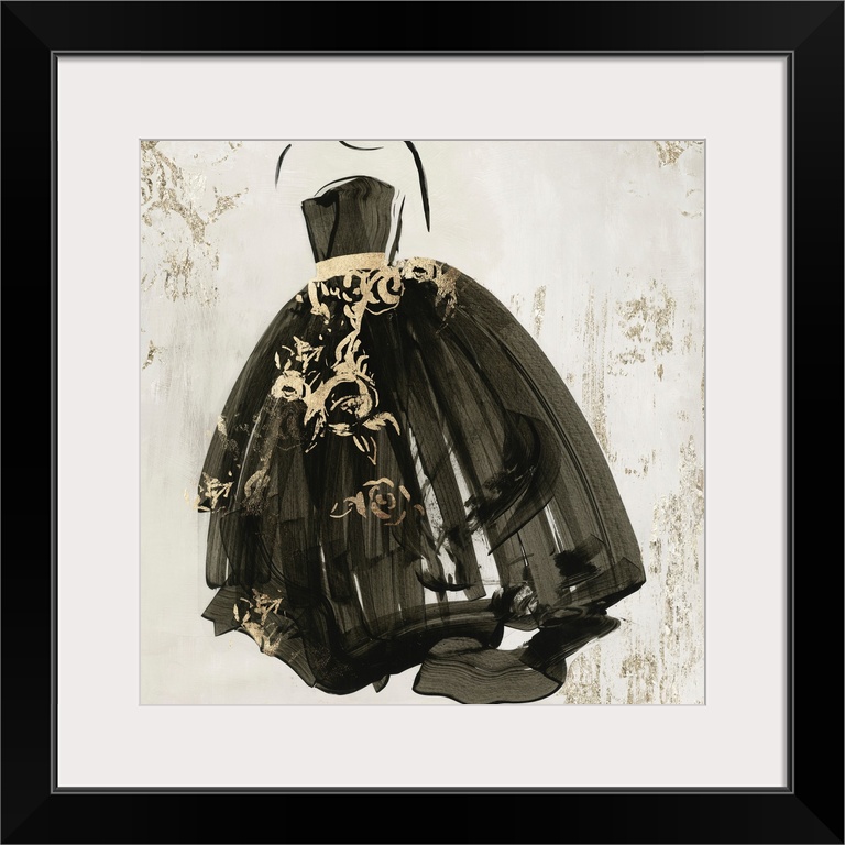 Painting of a formal ball gown, outlined in black, with gold accents against a neutral backdrop.