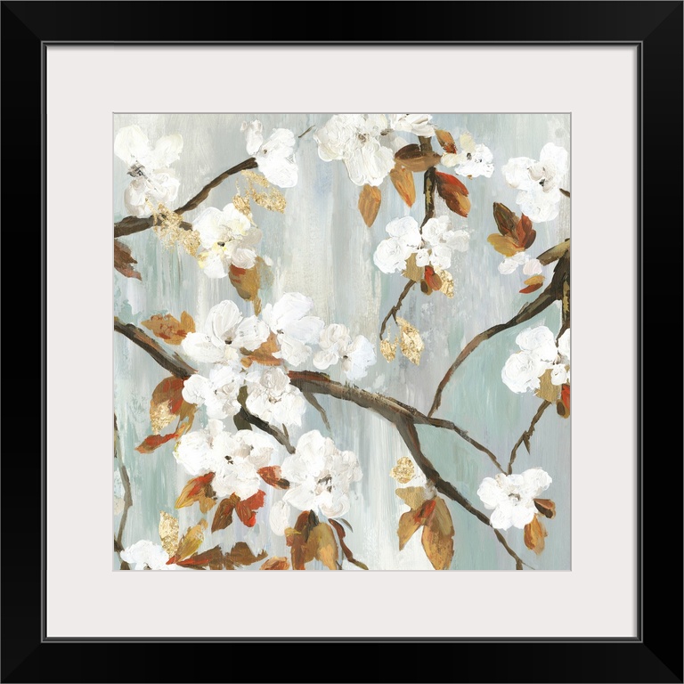 A contemporary painting of white flower blooms on leaf covered branches against a neutral textured backdrop.