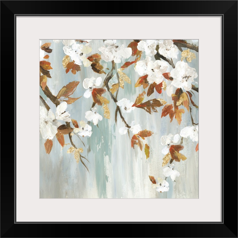 A contemporary painting of white flower blooms on leaf covered branches against a neutral textured backdrop.