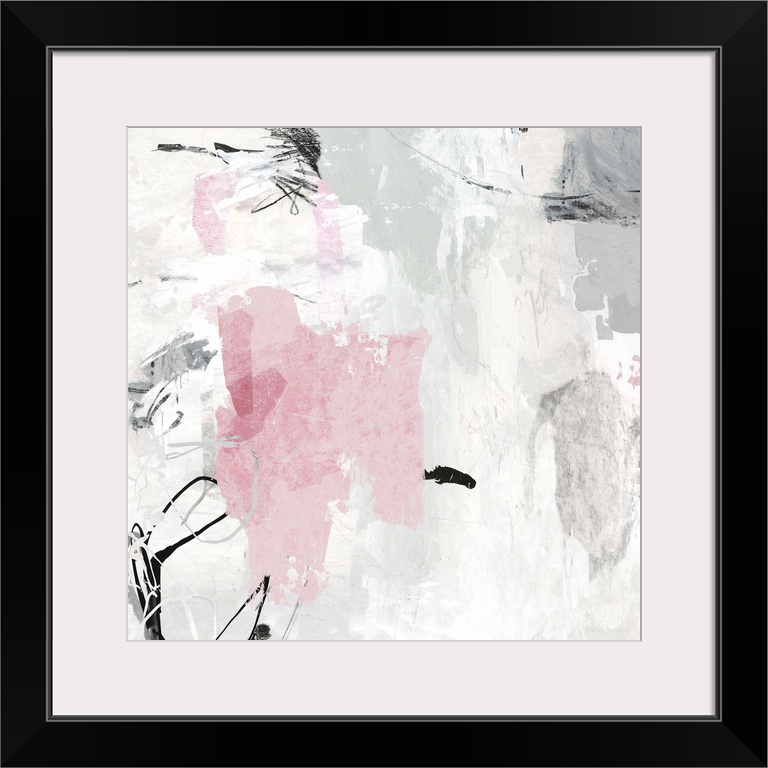 Square abstract painting in shades of gray with a hint of pink accents.