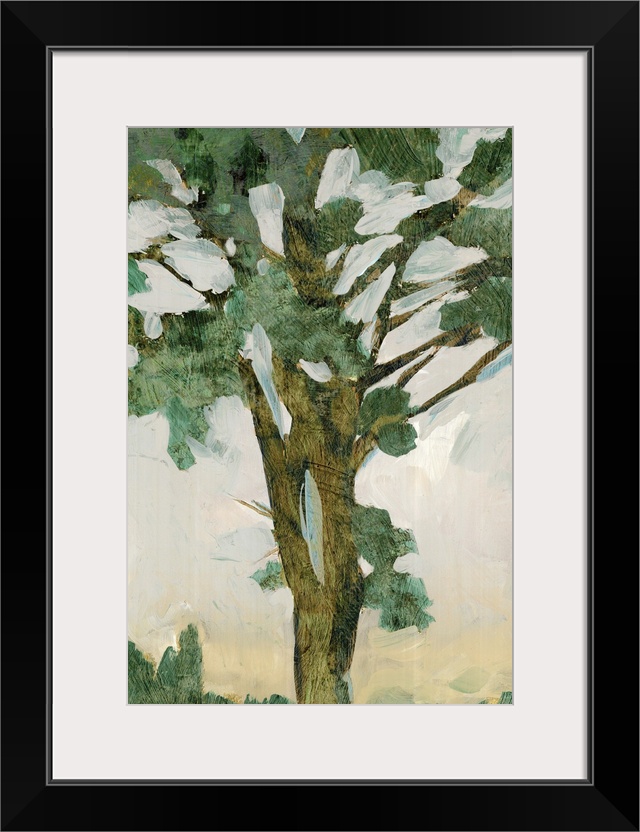 Contemporary home decor artwork of a tree in pale muted tones against a neutral background.