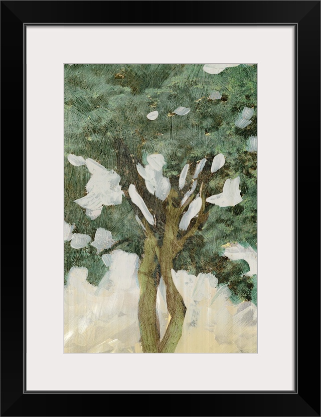 Contemporary home decor artwork of a tree in pale muted tones against a neutral background.