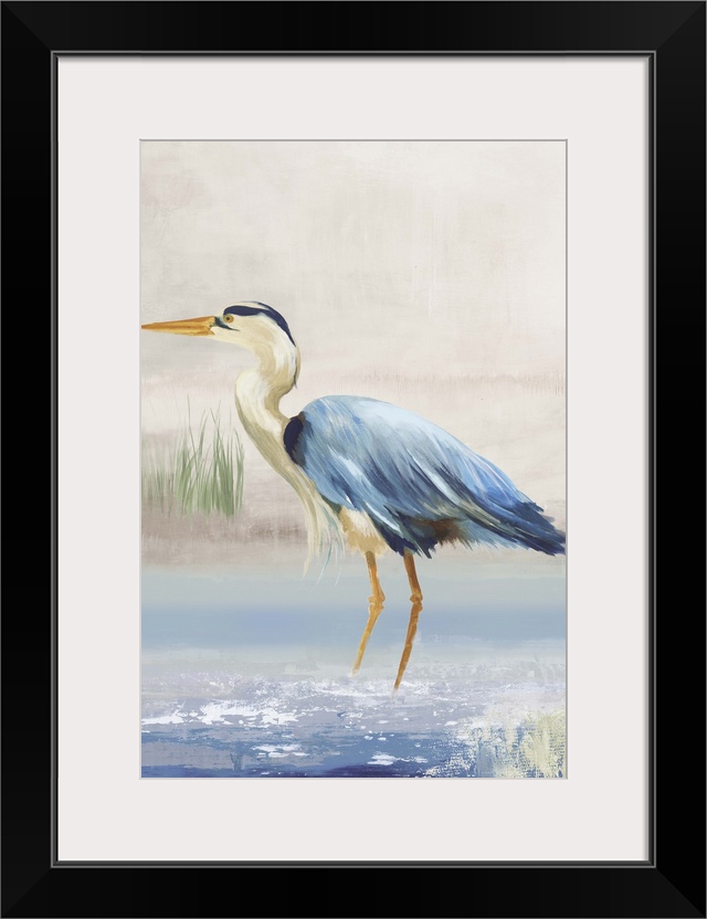 Contemporary artwork of a great blue heron standing in shallow water.