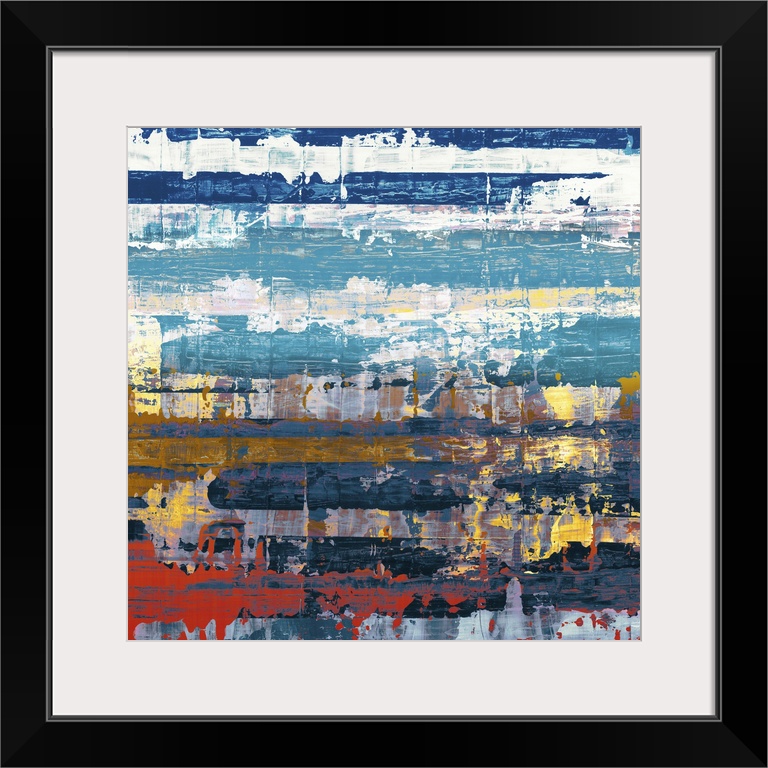 Contemporary abstract home decor artwork using blues and reds in distressed conditions.