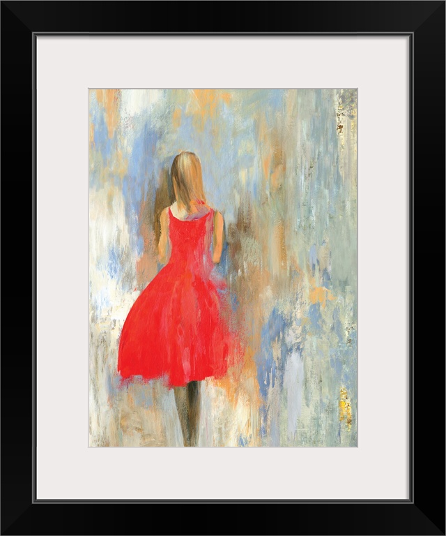 Painting of a female in a red dress, walking away, with a textured backdrop of blue, gray and brown.