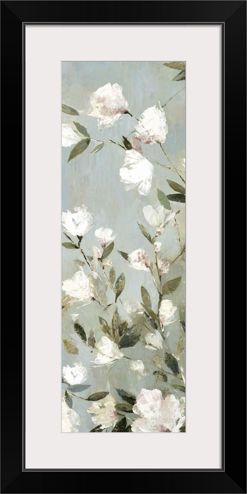 Contemporary artwork of small magnolia flowers on grey.
