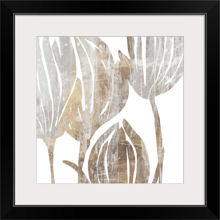 Contemporary painting of flowers in textured tones of gray and brown.