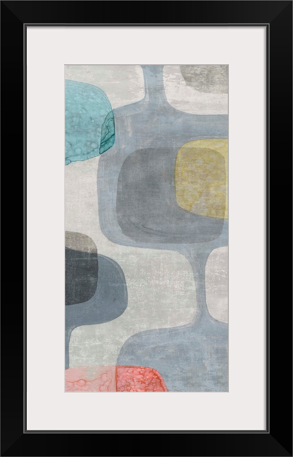 Abstract panel painting with retro design in blue, gray, yellow, and red hues.