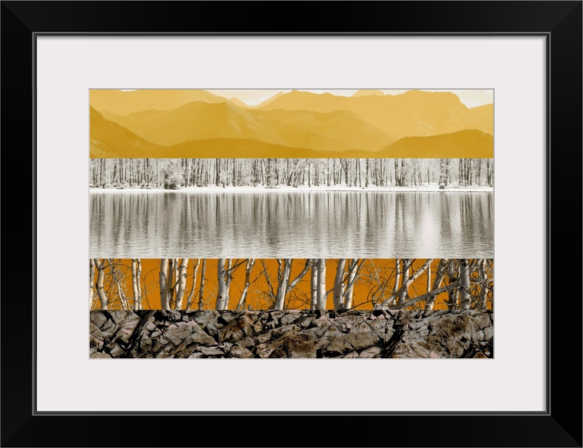 Artwork in layers of natural elements, including a mountain landscape, a forest stream, and white birch trees.