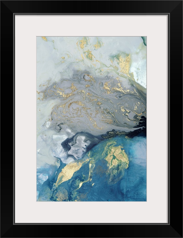 Abstract painting in blue and gold, resembling swirling waves.
