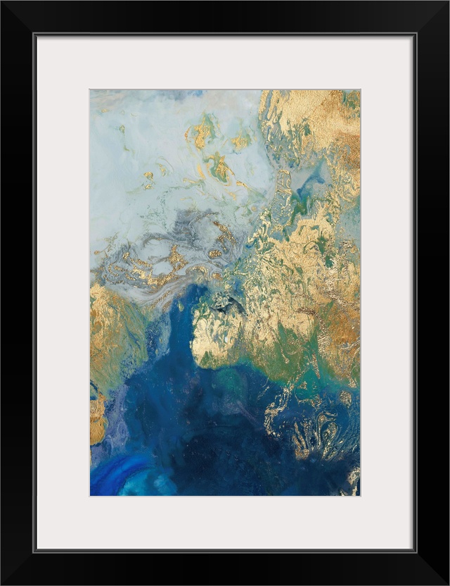 Abstract painting in blue and gold, resembling swirling waves.