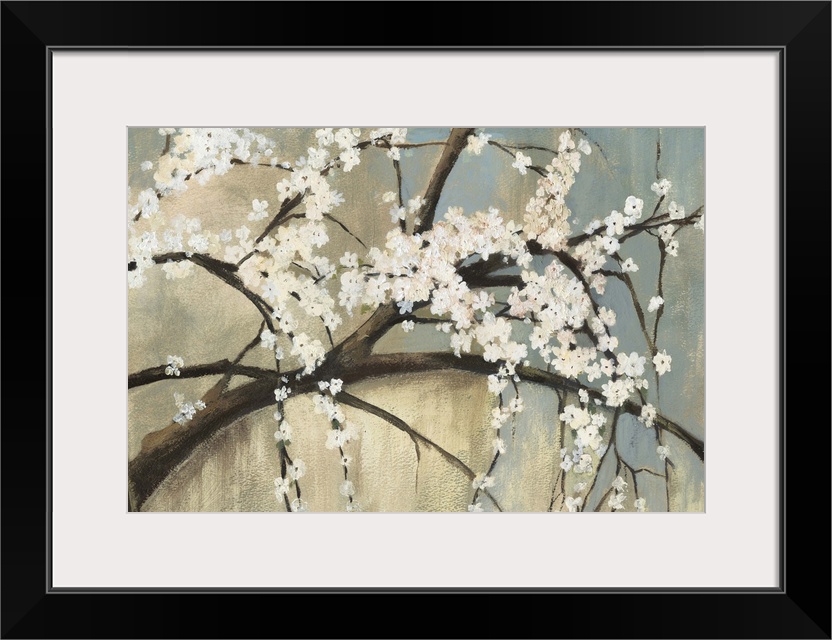 Contemporary painting of little white flowers in bloom on the branches of a tree.