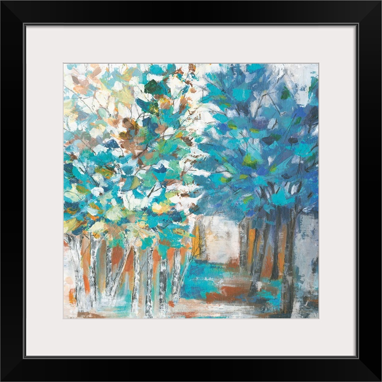 Contemporary artwork of rows of trees with textured leaves in colors of green, blue and yellow with a path through the cen...