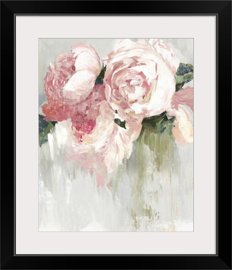 Contemporary painting of pink peonies with white highlights and green leaves.