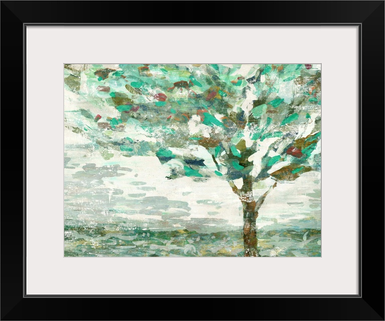 Contemporary painting of a green tree with branches swaying in the wind.