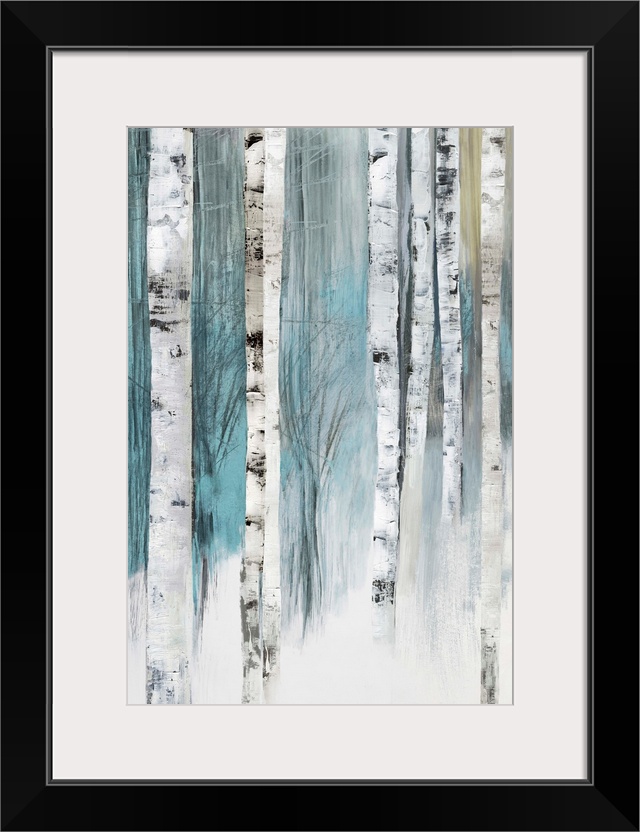 Vertical painting of tree trunks in shades of blue and gray.