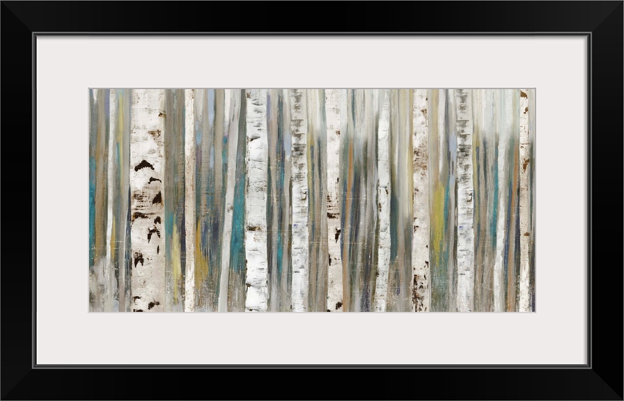 Horizontal painting of tree trunks in shades of brown and gray.