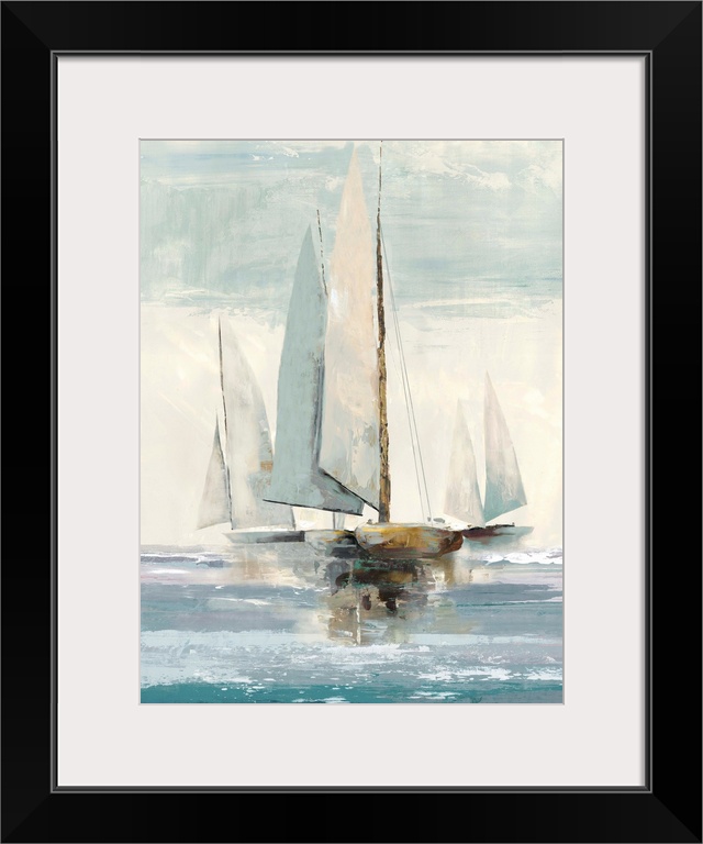 Painting of sailboats on the water in the morning.