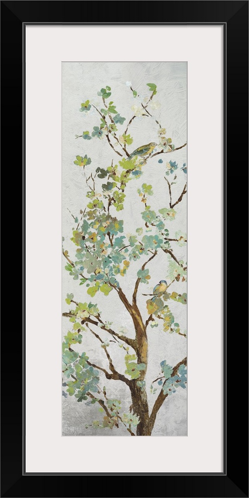 Tree branch with light green leaves on grey.