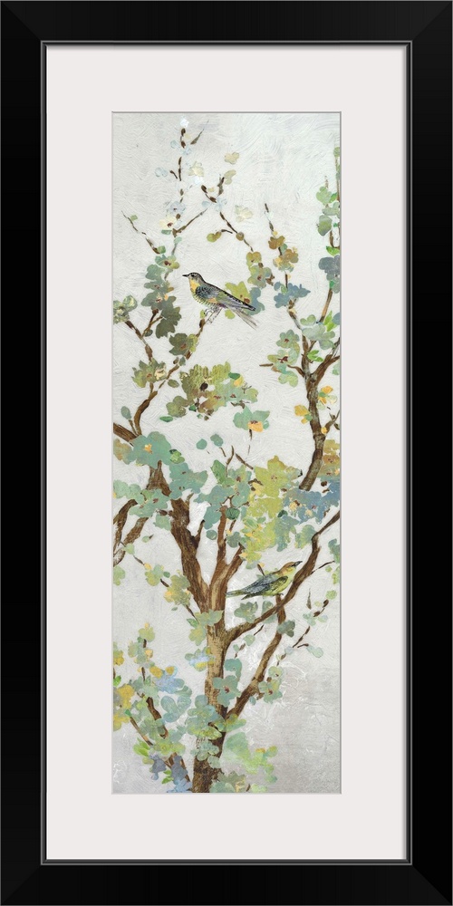 Tree branch with light green leaves on grey.