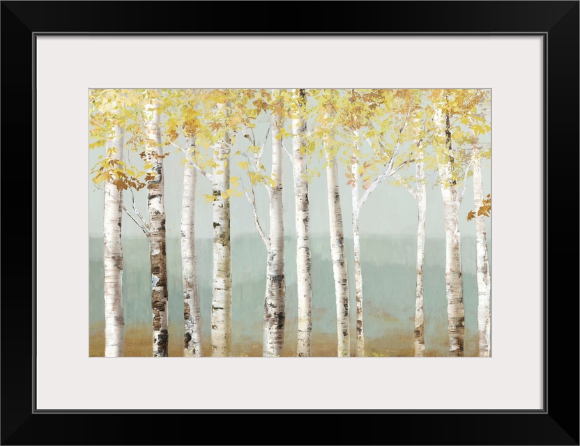 Contemporary painting of a white birch forest with golden leaves.