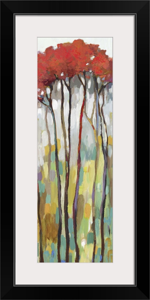 Large panel painting with tall, skinny trees with red leaves on an abstract background.