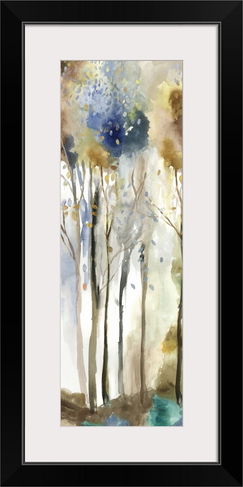 Watercolor artwork of a forest with tall, thin trees.