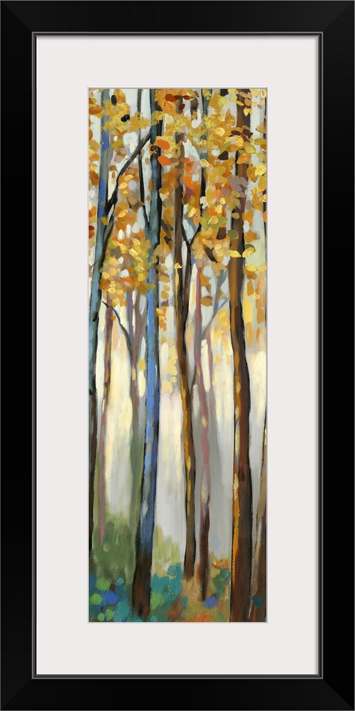 Contemporary painting of a forest with thin trees and autumn leaves.