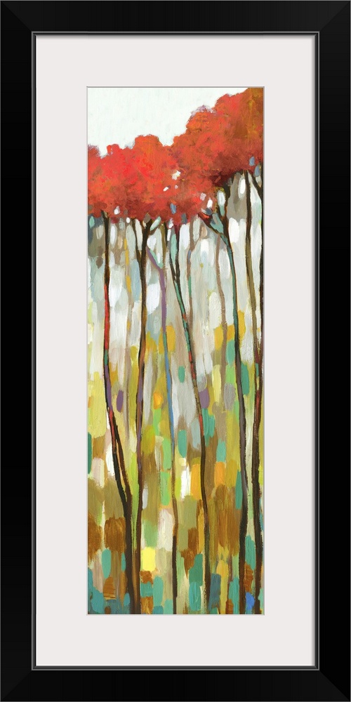 Large panel painting with tall, skinny trees with red leaves on an abstract background.