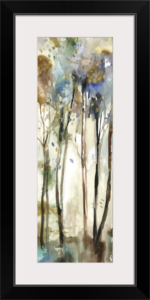 Watercolor artwork of a forest with tall, thin trees.