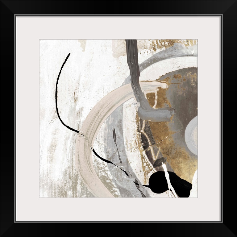 A Square abstract painting featuring shades of brown, black and white.