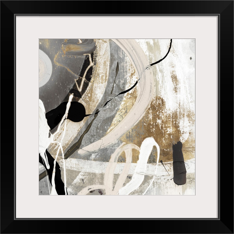 A Square abstract painting featuring shades of brown, black and white.