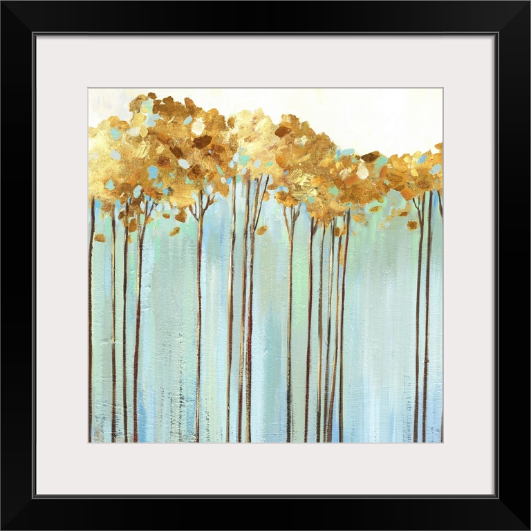 Contemporary painting of a row of slender trees with golden leaves over pale blue and cream.