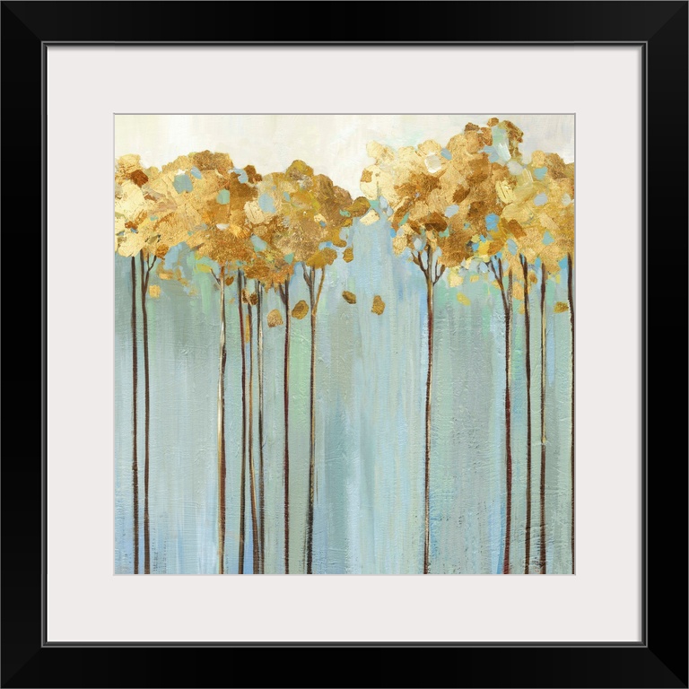 Contemporary painting of a row of slender trees with golden leaves over pale blue and cream.