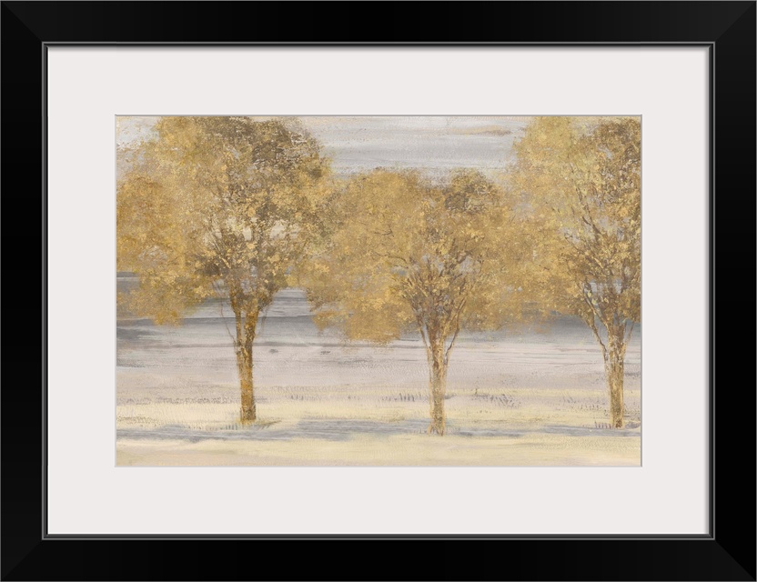 Horizontal painting of a group of trees done in textured gold.