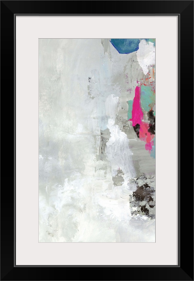 Vertical abstract of textured shades of gray with touches of vibrant colors of blue and pink.