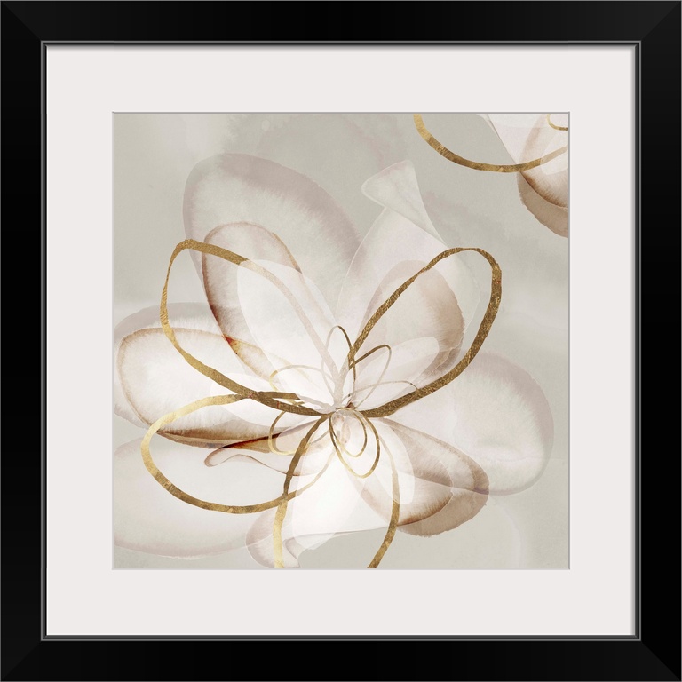 Abstract watercolor painting of flowers with gold accents.