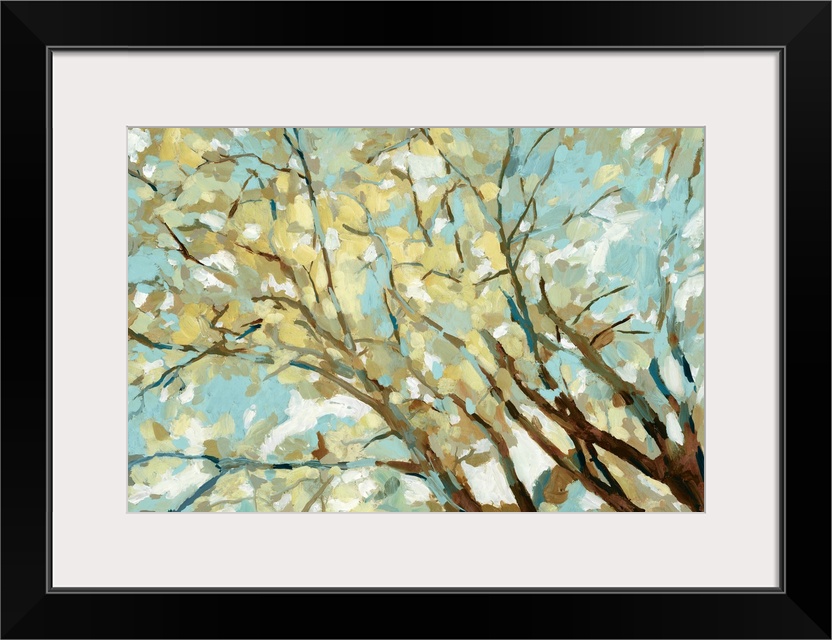 Contemporary painting of branches with yellow and blue leaves.