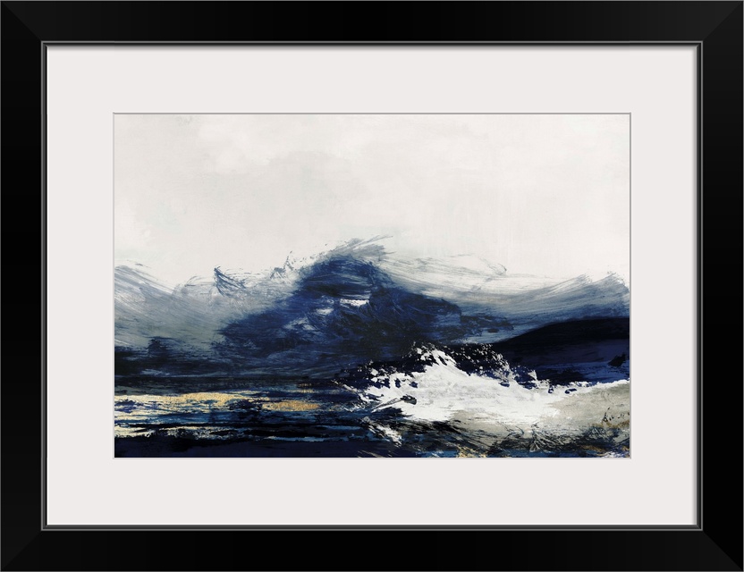 Abstract painting with dark navy blue and white, resembling crashing waves.