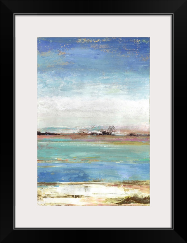 Vertical artwork of an abstract landscape about a waterfront with blue skies.
