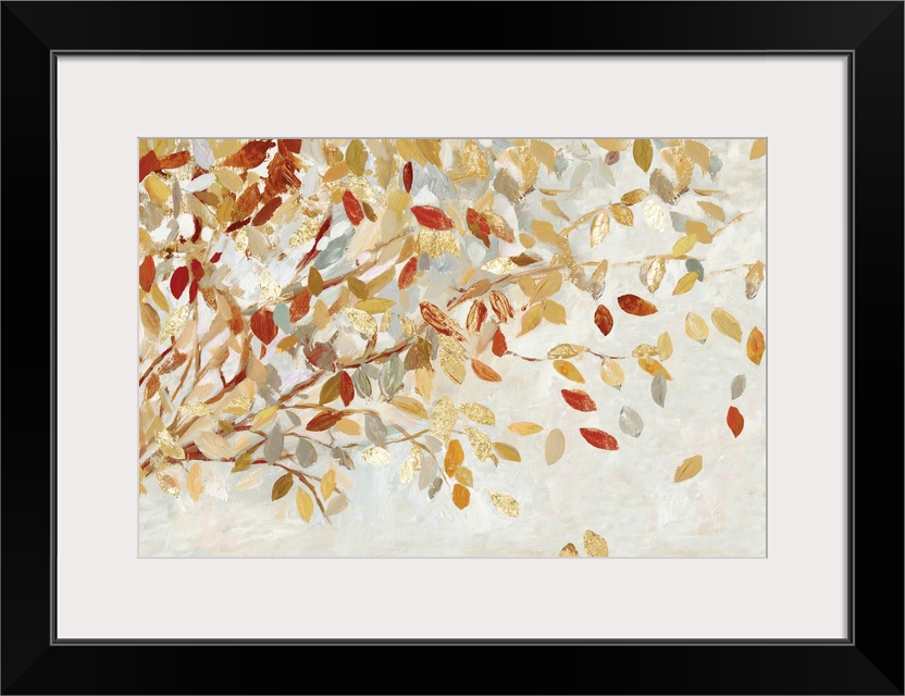 A horizontal painting of a branch full of autumn leaves with gold accents.