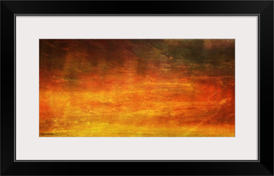 A horizontal abstract painting from a contemporary artist that uses warm fiery tones to generate motion and energy in this...