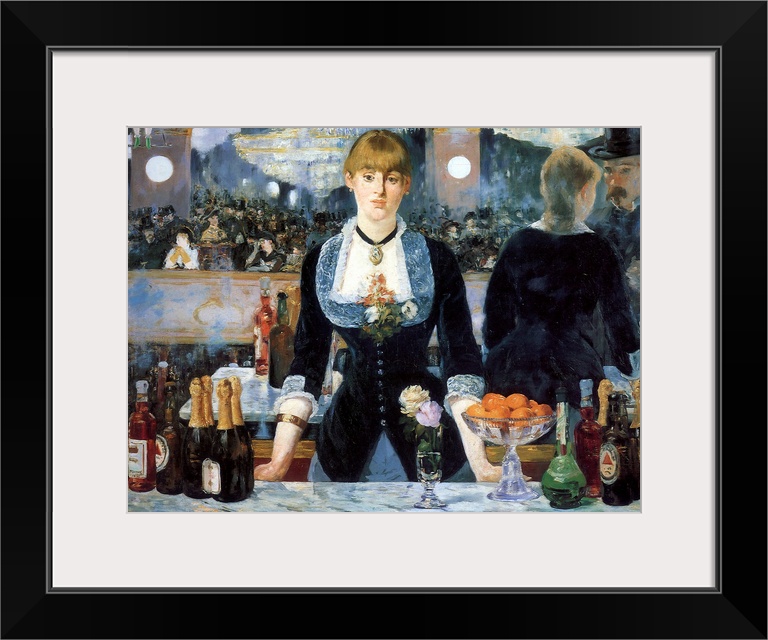 Painting of a waitress behind a counter covered with alcohol bottles with a mirror behind her showing a crowded restaurant.