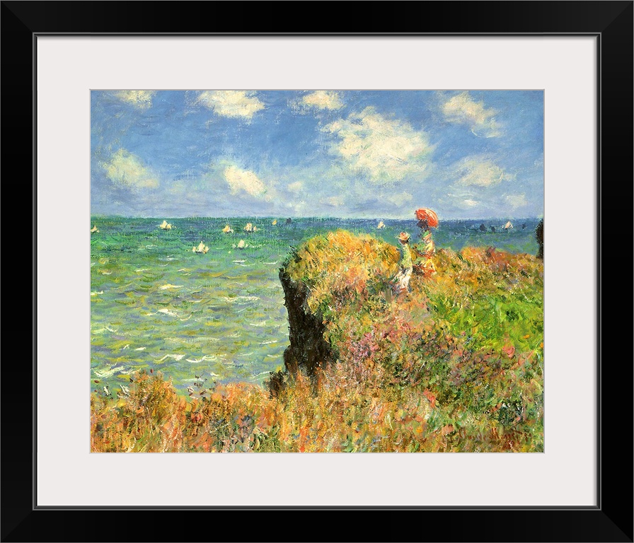 Painting of people on grassy cliff overlooking ocean full of sailboats under a cloudy sky.