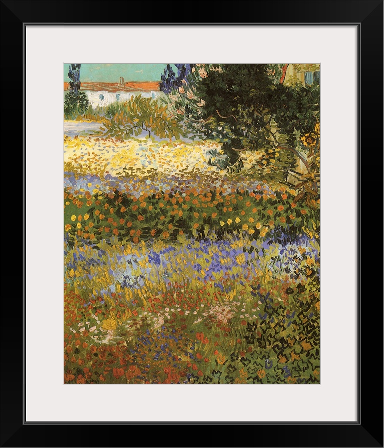 Painting of colorful flower meadow with rooftop in the distance.