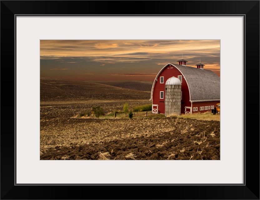 Large red barn at sunset, Palouse, Washington.