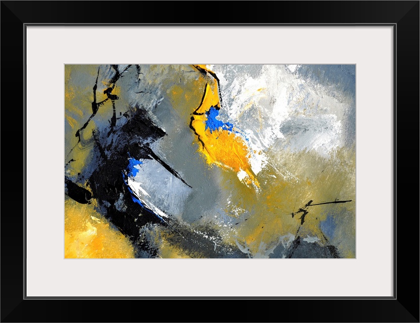 Abstract painting in textured shades of black, blue, white, gray and yellow with splatters of paint overlapping.